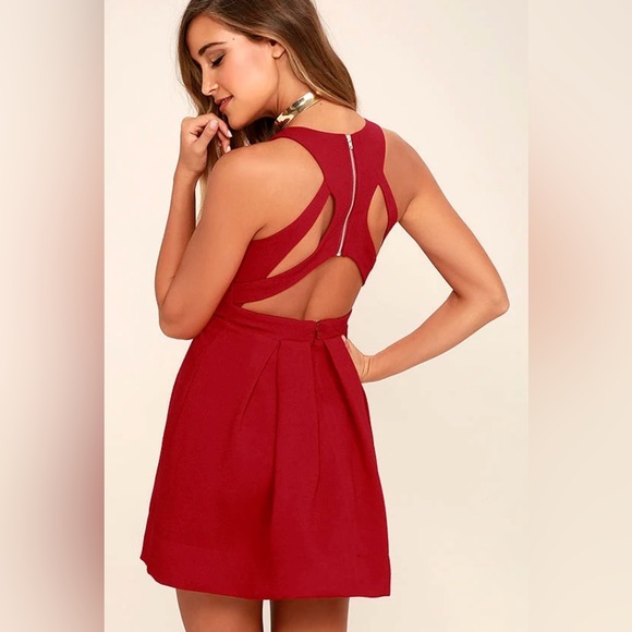 NWT Lulu’s Test Drive Sleeveless Wine Red Pleated Skater Mini Dress Back Cutouts - Picture 5 of 12